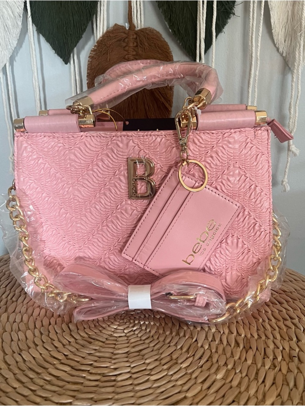bebe Pink Textured Satchel with Gold Hardware and Cardholder